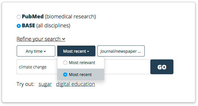 Screen shot of how to select the most recent publications